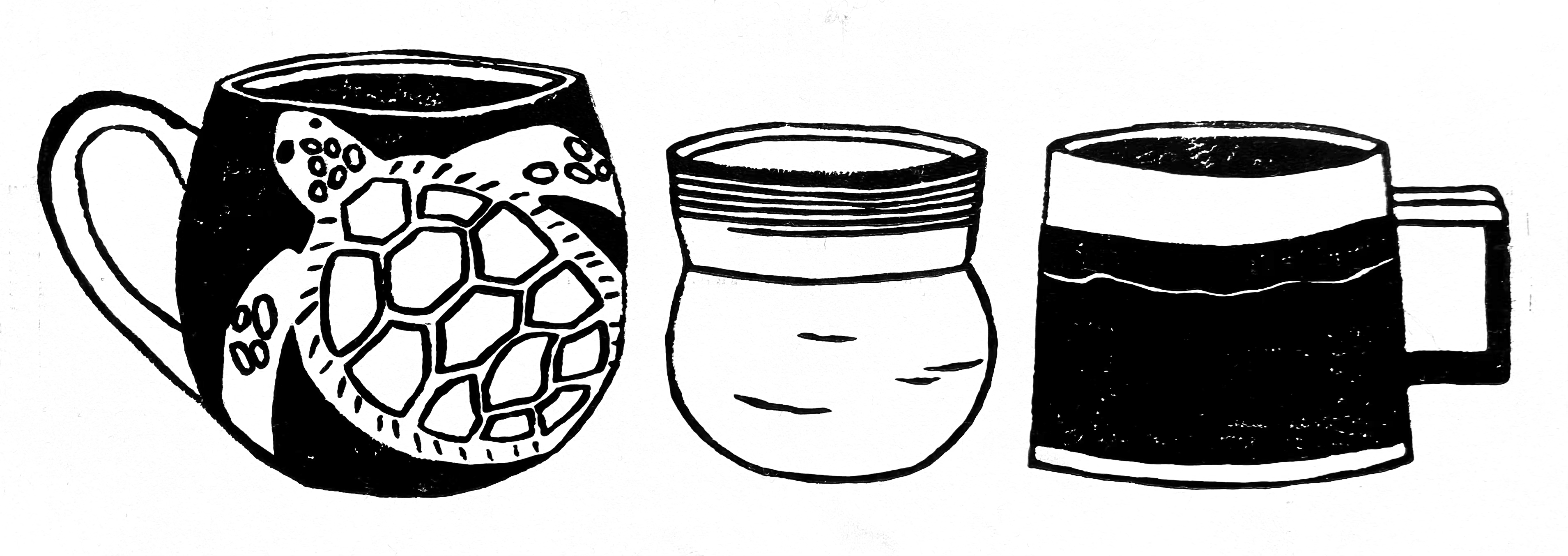 Two mugs and a chai cup linocut print