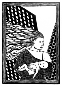 Woman holding an infant linoleum print.