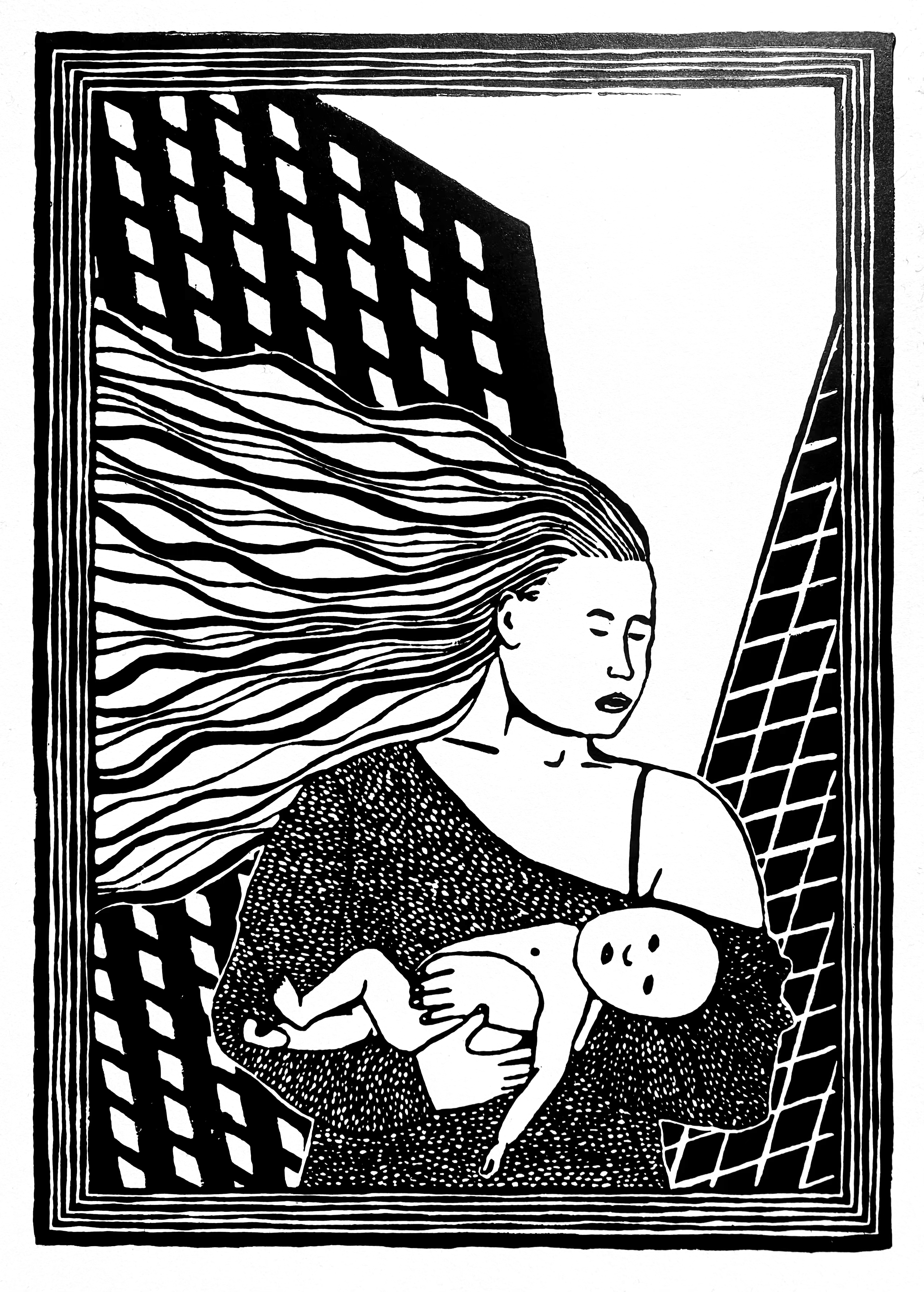 Woman holding an infant linoleum print.